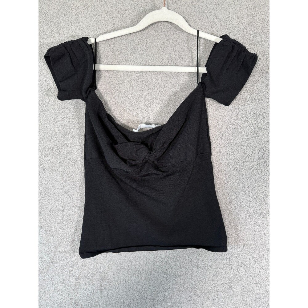 ASTR The Label Womens Knit Top Twist Front Off Shoulder Short Sleeve Large Black